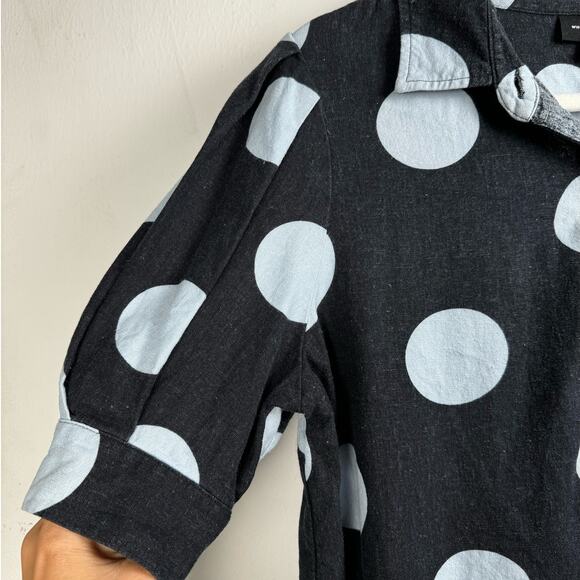Who What Wear Linen Blend Polka Dot Puff Pleated Sleeve Preppy Button Up Blouse - Picture 5 of 8
